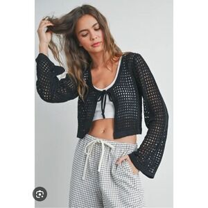 Open Knit Crochet Sweater Black Bell Sleeve  Front Tie Medium